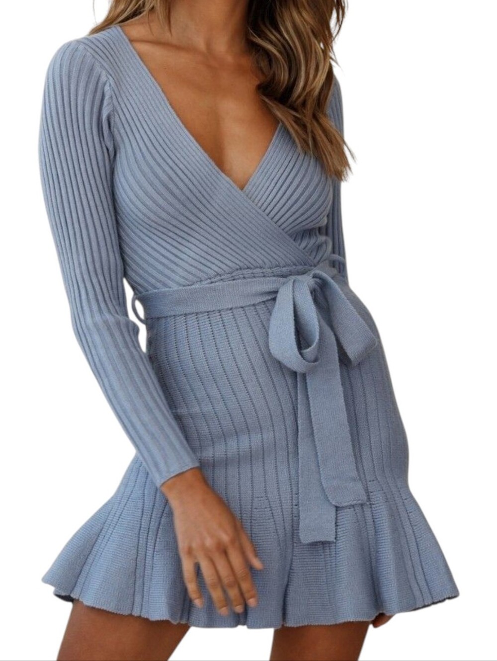 Light Blue Wrap Rib-Knit Mini Ruffle Dress